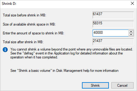 enter amount of shrink space