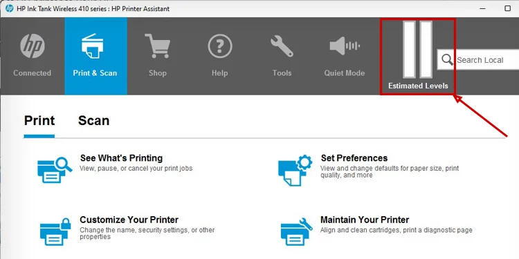 estimated-level-tab-on-hp-printer-assistant