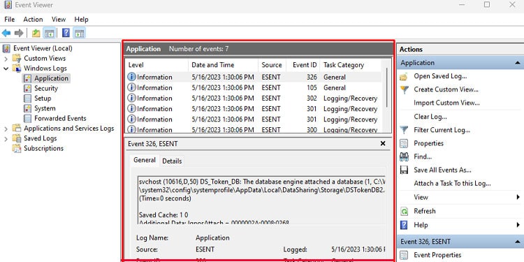 event detail panel event logs