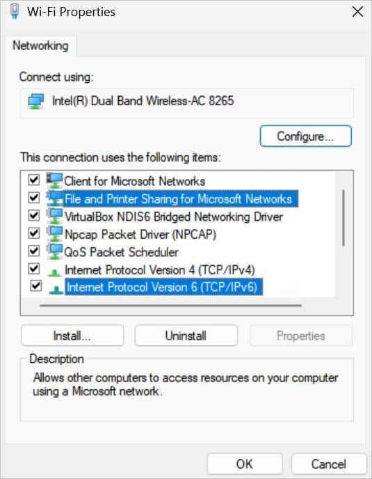 file and printer sharing and ipv6