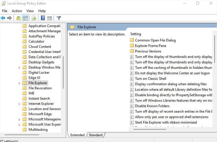 file explorer in local group policy editor