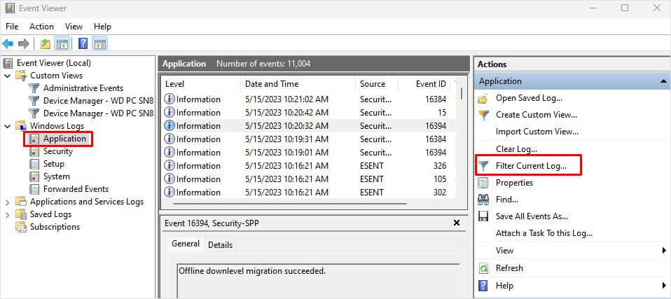 filter current logs view event log