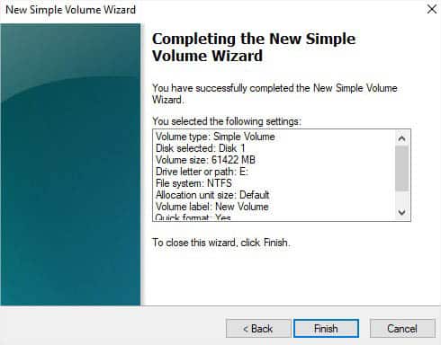 finish new simple volume wizard