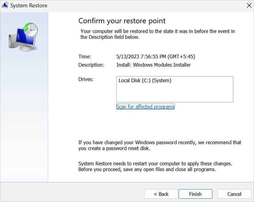 finish to start system restore