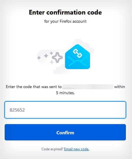 firefox account enter confirmation code