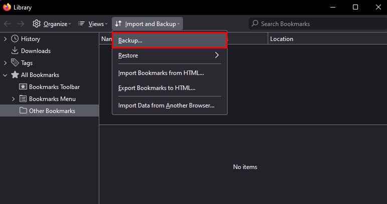 firefox bookmark manager backup