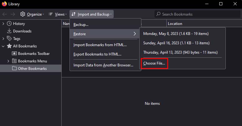 firefox bookmark manager restore choose file