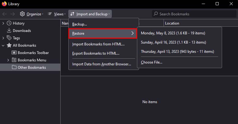 firefox bookmark manager restore
