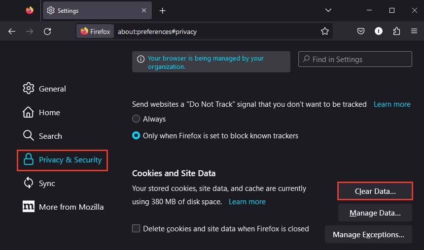 firefox cookies and site data clear data