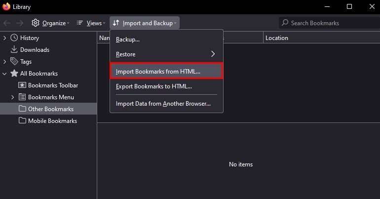 firefox import bookmarks from html