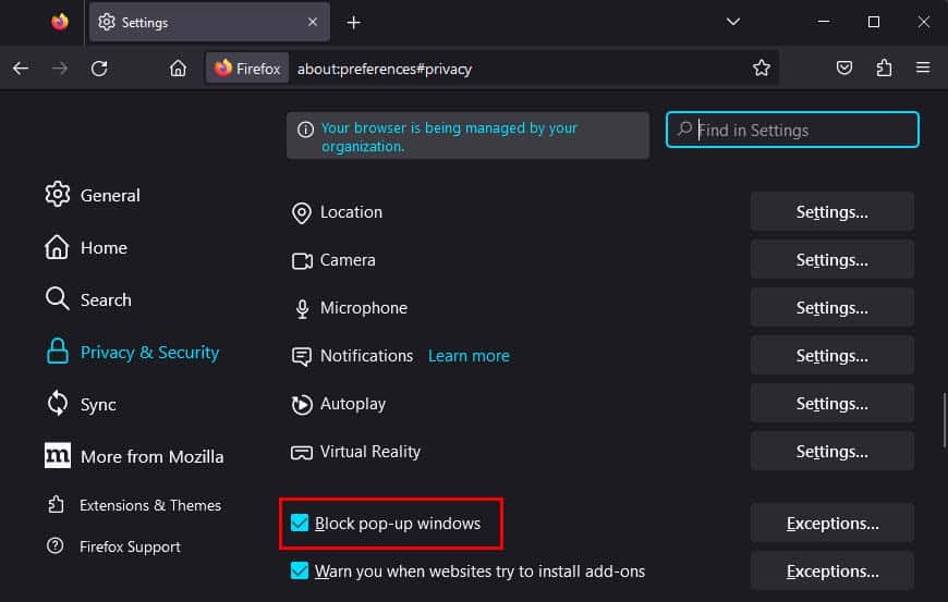 firefox setting block popup windows
