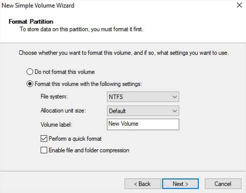 format settings in new simple volume wizard