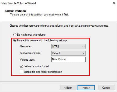 format volume with following settings