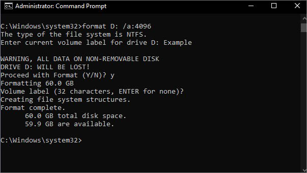 format with allocation unit size