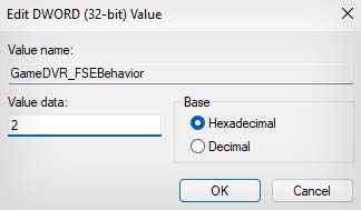 gamedvr fsebehavior registry entry set value to 2