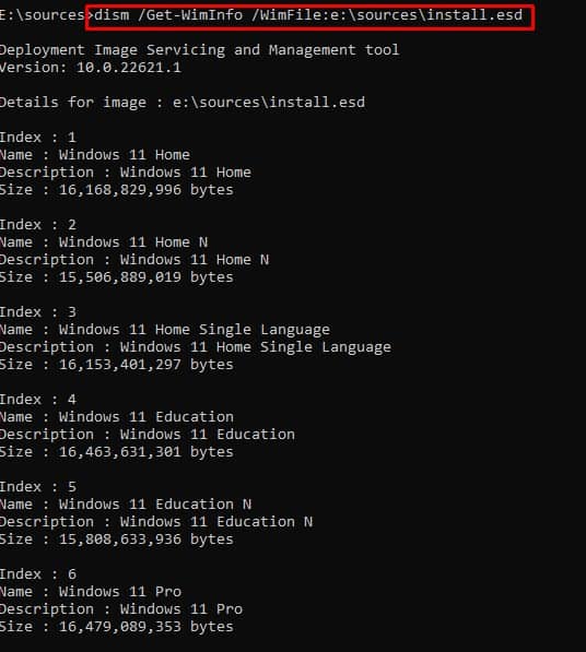 get windows version index dism