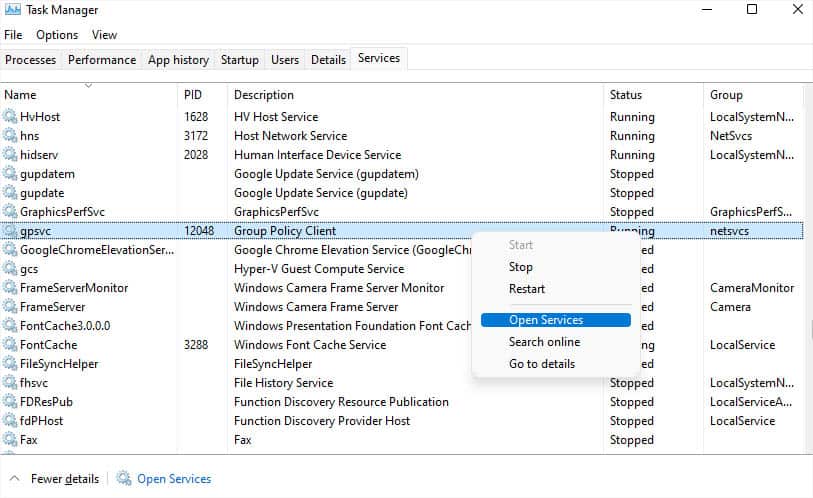 gpsvc open services