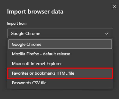 import from faovrites or bookmarks html file edge