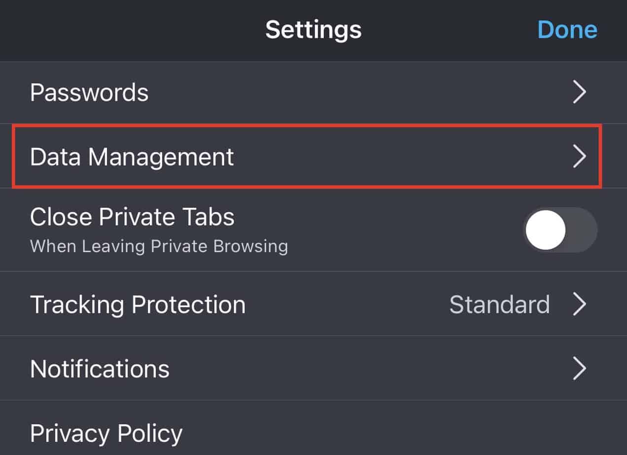 ios firefox data management