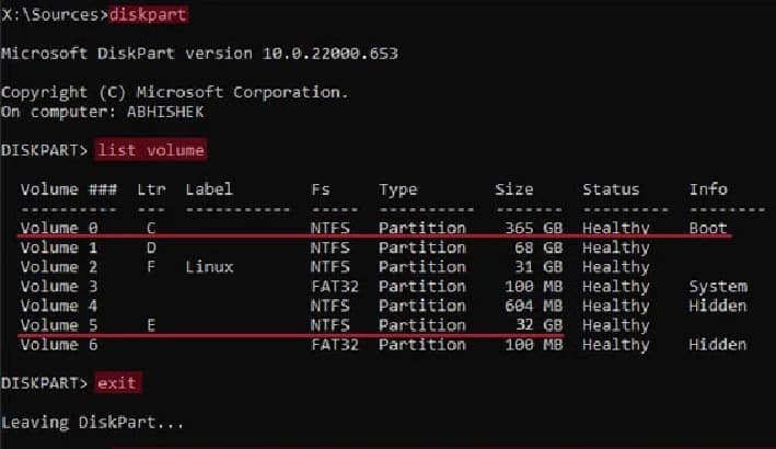 list volume diskpart problem when resetting pc