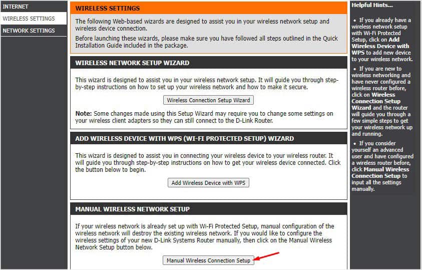 manual wireless connection setup