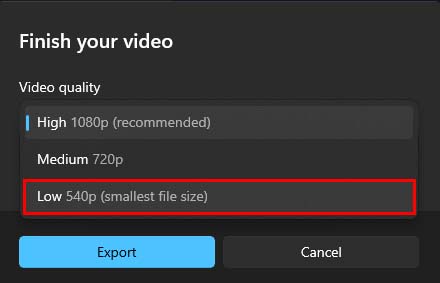 microsoft video editor export in low res