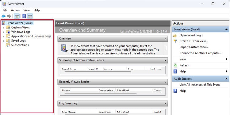 navigation panel check event logs