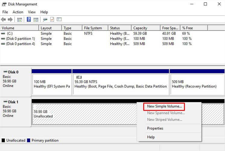 new simple volume unallocated