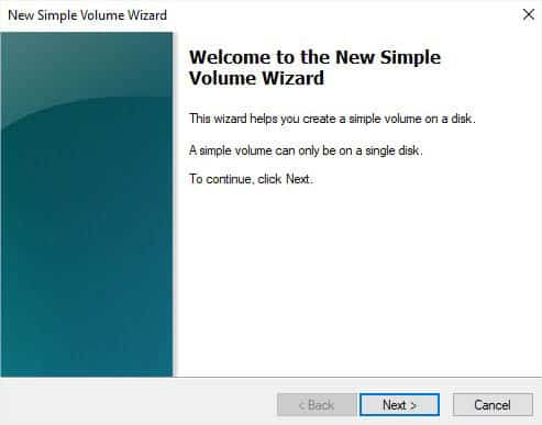 new simple volume wizard next first screen