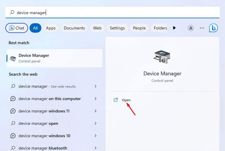 open device manager start menu