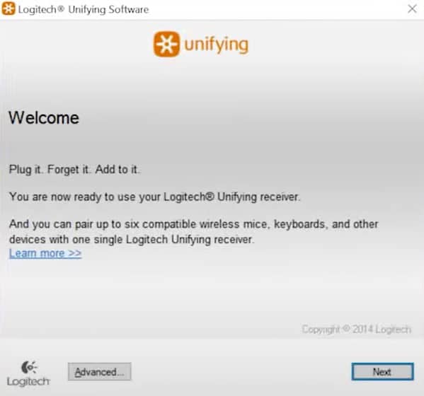 open logitech unifying software click next