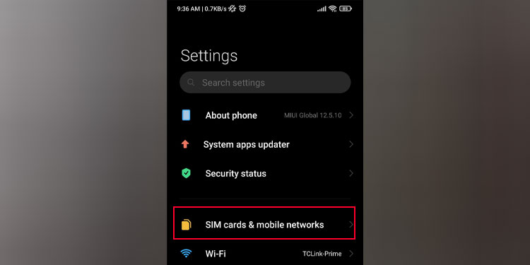open mobile network settings simcard