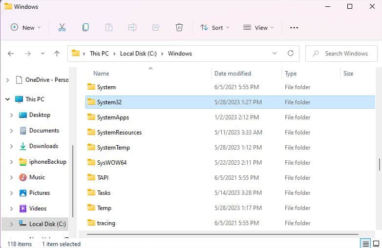 open system32 folder from windows drive
