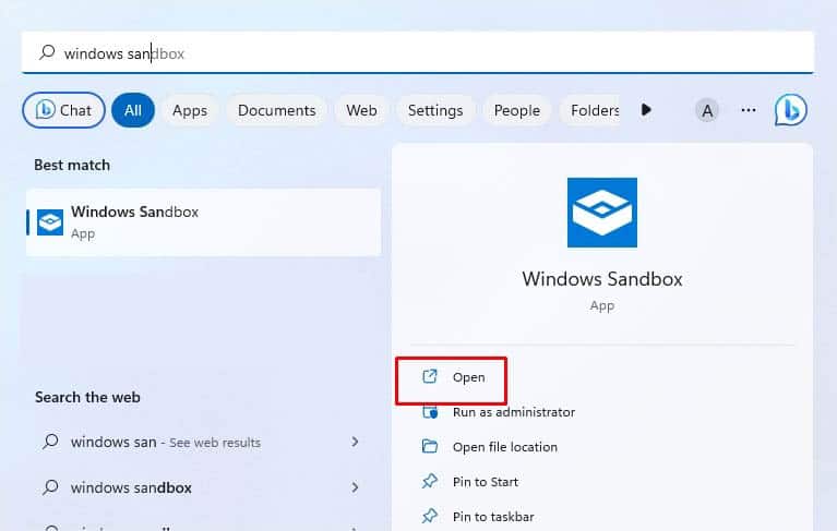 open windows sandbox from start menu