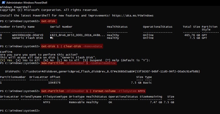 powershell-usb-get-disk-clear-disk-new-partition-get-partition-format-volume-ntfs