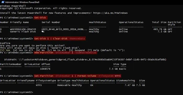 powershell-usb-get-disk-clear-disk-new-partition-get-partition-format-volume-ntfs