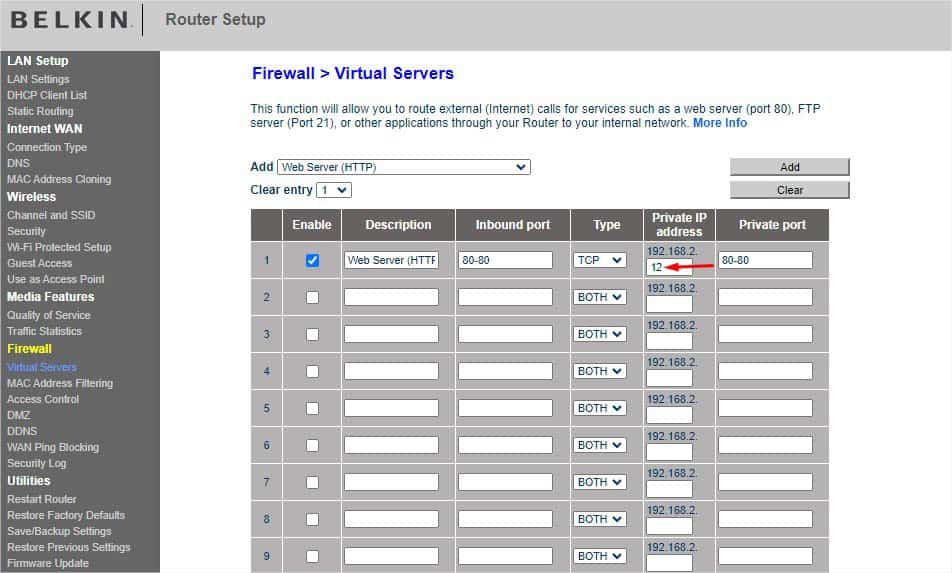 private ip port forward in belkin