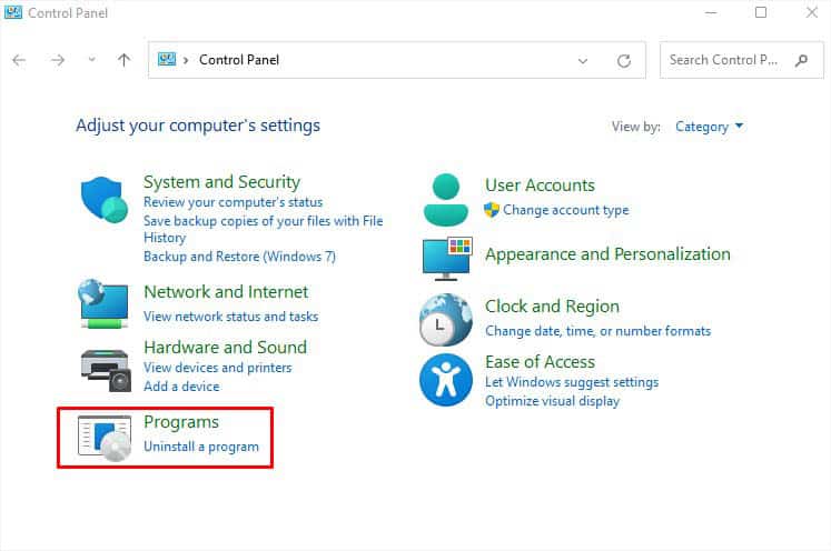 programs in control panel