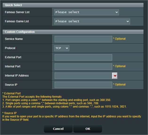 quick select and custom configuration in asus router