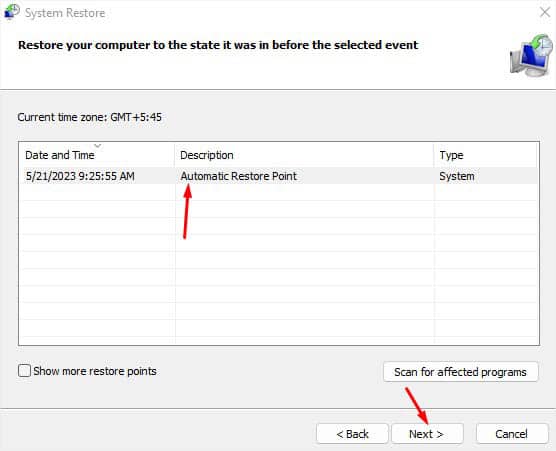 restore point select and next
