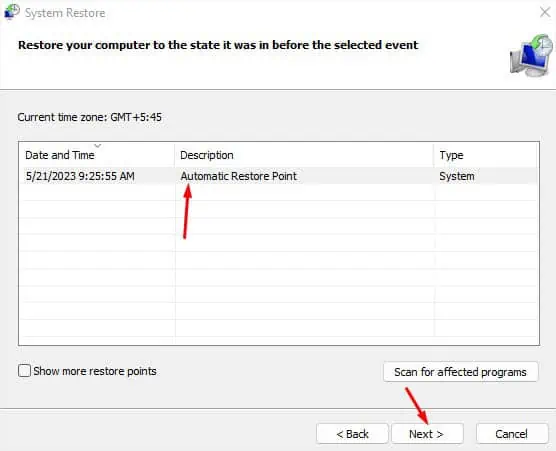 D Drive Not Showing Up—10 Ways to Fix It 39 restore-point-select-and-next