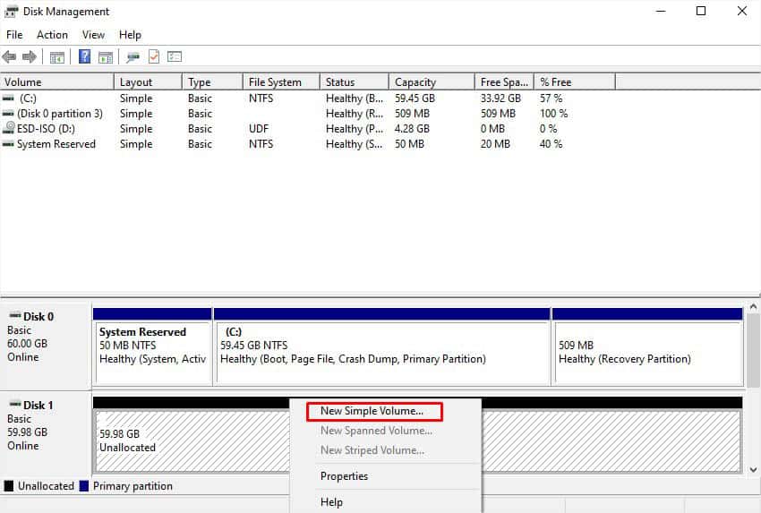 right click new simple volume