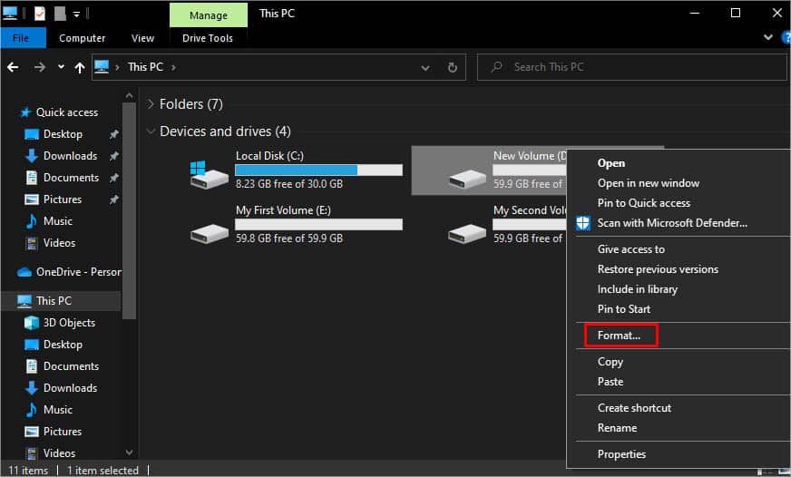 right click on drive and pick format