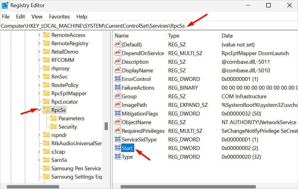rpcss start in registry editor