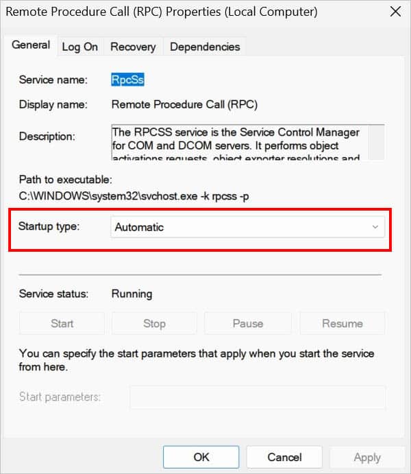 rpcss startup type automatic