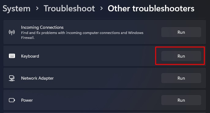 run keyboard troubleshooter enter key not working