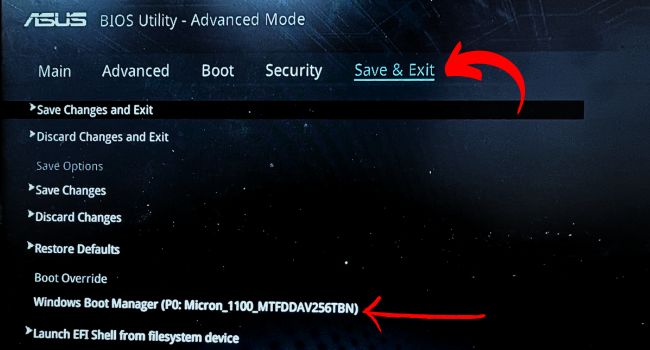 save and exit asus bios