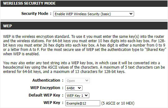 security mode wep key dlink