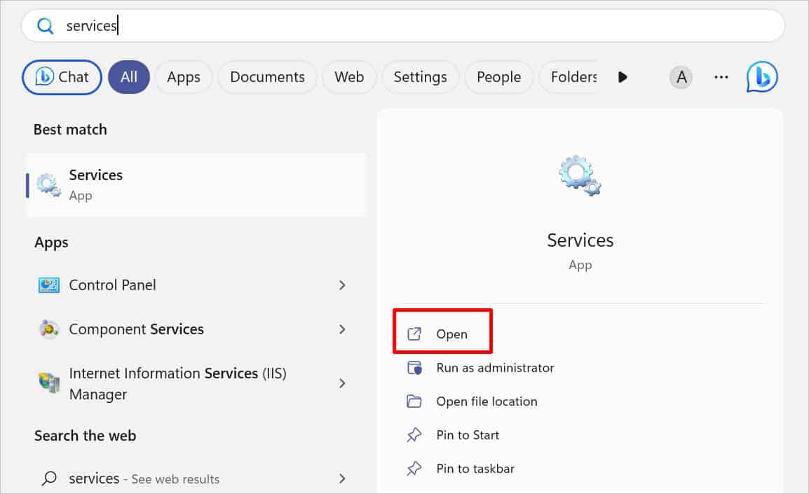 services open from start menu