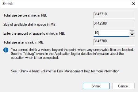 shrink-10-mb-disk-management